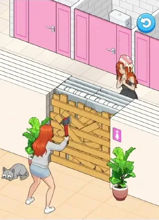 Сцена уровня 49 «Помогите Райли спасти Мэдди из женского туалета» в Tricky Story 2